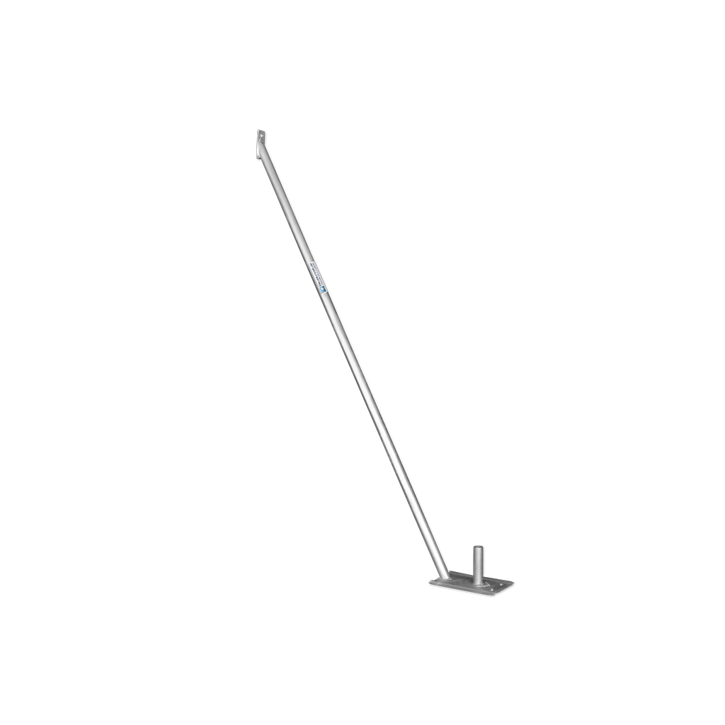 Construction fence support strut with large plate & pin - ballasting through construction fence base